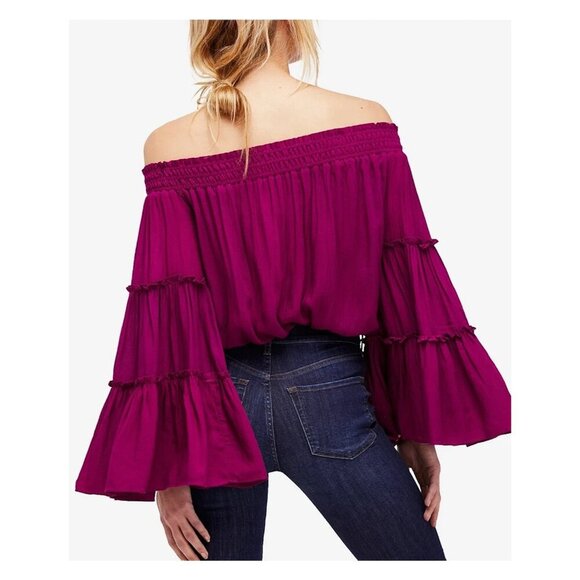 FREE PEOPLE Festival Free Spirit Top Off Shoulder Bell Flare Sleeve Magenta - Picture 2 of 6